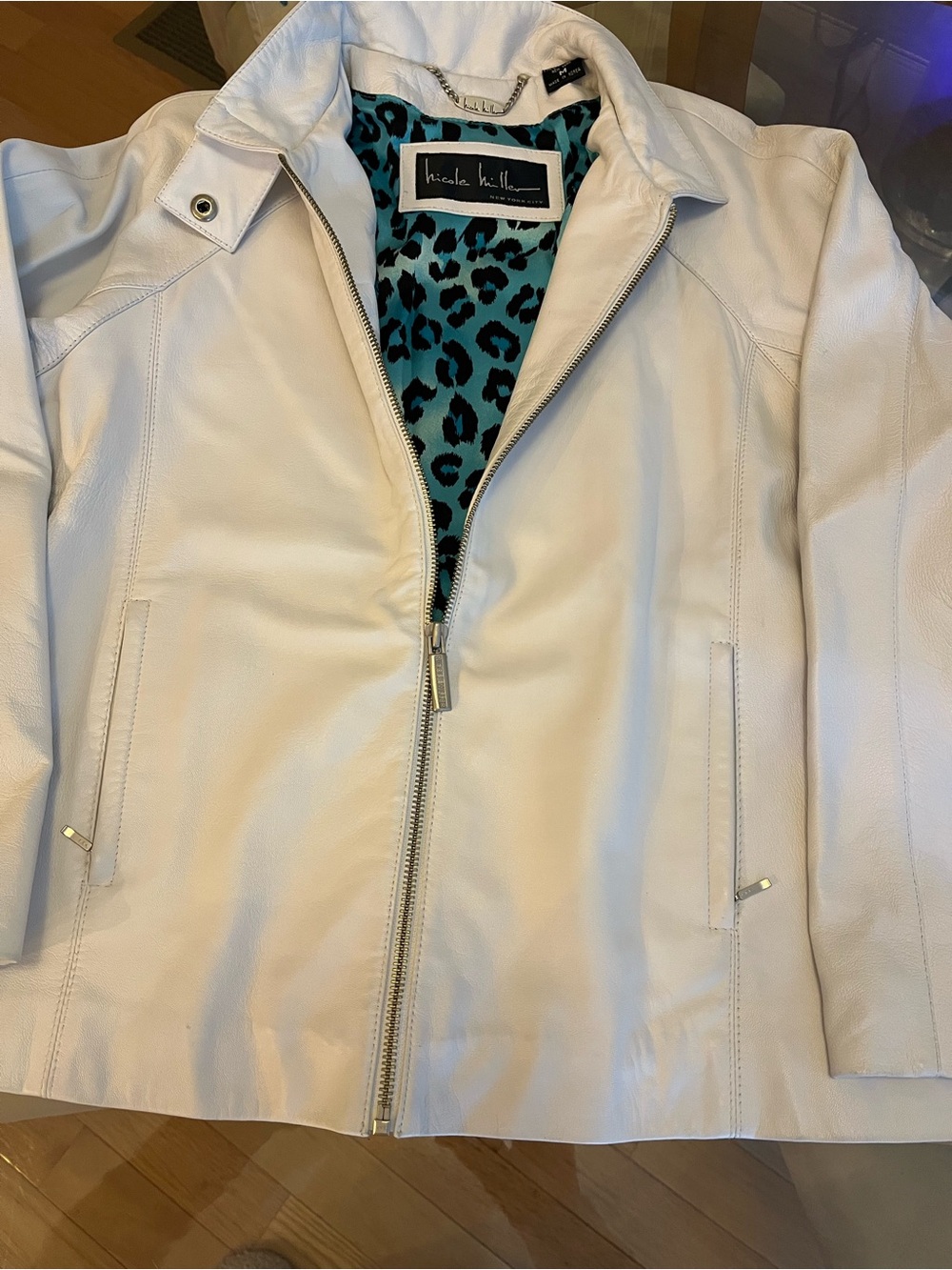 Nicole Miller White Leather Zip-Front Jacket with Teal Leopard Lining
